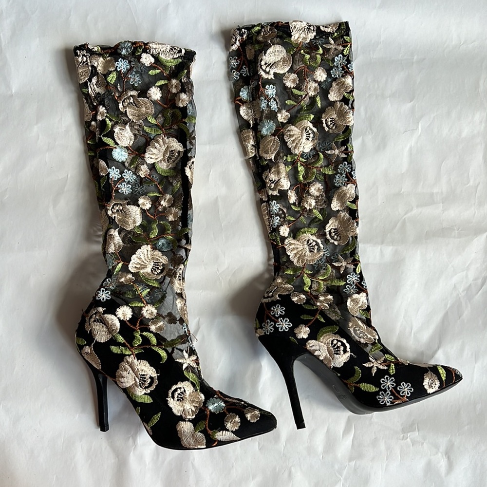 Mackin J black sheer stretchy embroidered high heel boots 7
